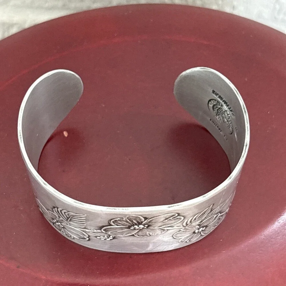 Pewter Bracelet by Wendell August Forge Hand Wrought Vintage Flowers Cuff 7-7.5